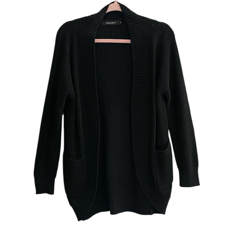 MEROKEETY WOMENS BLACK OPEN FRONT CHUNKY KNIT DRAPED CARDIGAN SIZE MEDIUM